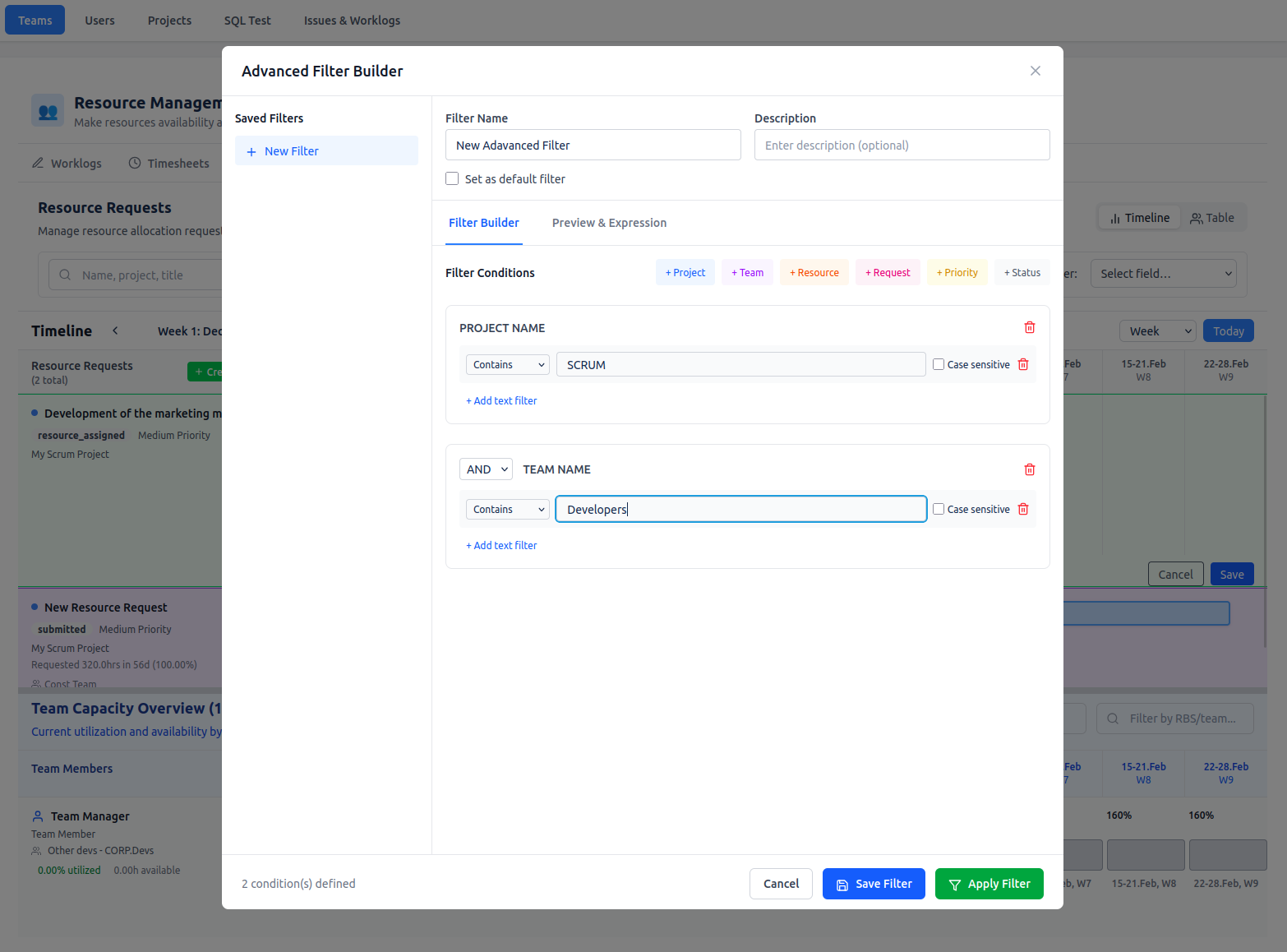 Screenshot placeholder: Filtering builder + saved filters